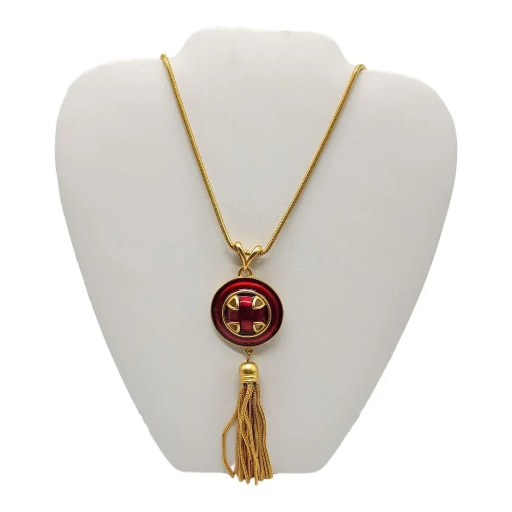 ANNE KLEIN Signed Maltese CROSS & Tassel 5” Pendant on Long Chain Collar Necklac